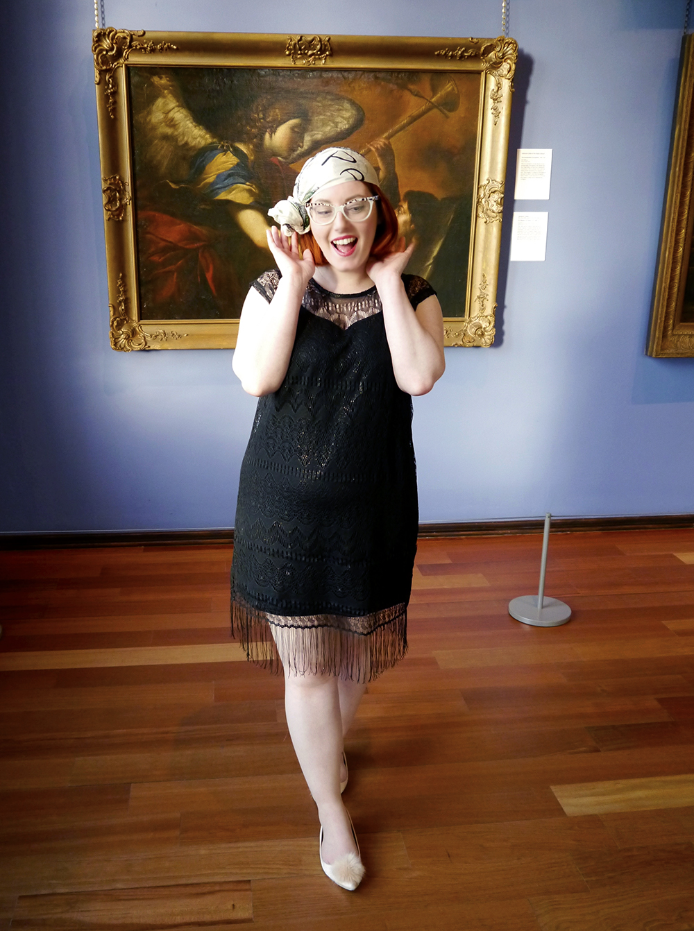 1920s Vintage Style Styled by Helen, Scottish Bloggers, Dundee blogger, 1920s fashion, 1920's style, vintage style, headscarf style, scarf style, vintage scarf, George at Asda, ASOS pom pom shoes, pom pom flats, 1920s headscarf style, fringed dress, The McManus, Dundee