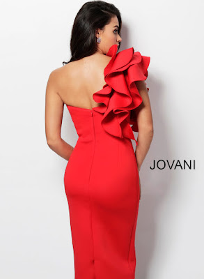 Tomato Color One Shoulder Red Carpet Jovani Short Dress back Design