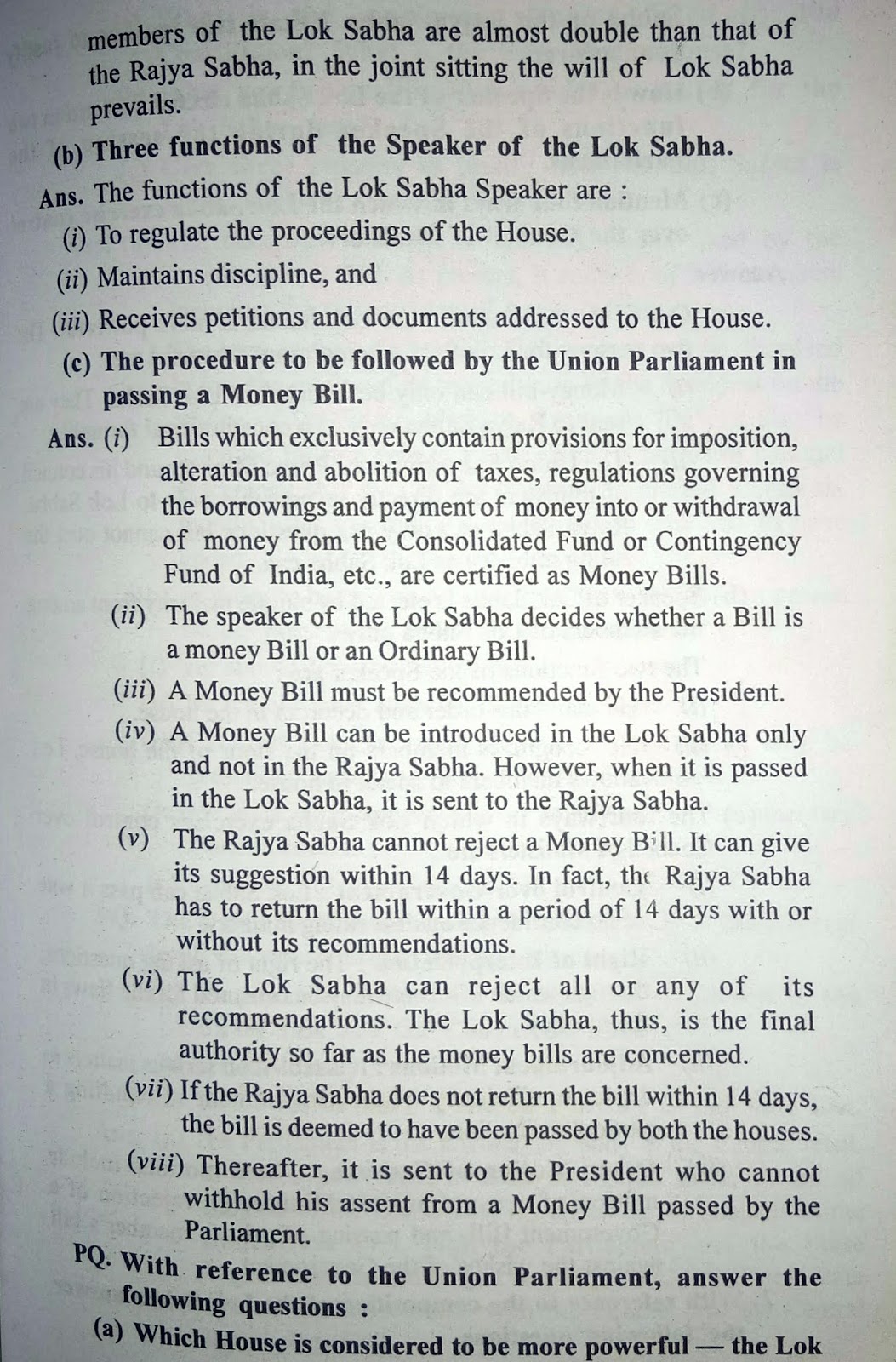 The Union Parliament Morning Star Class 10 Civics Answers Chapter 1