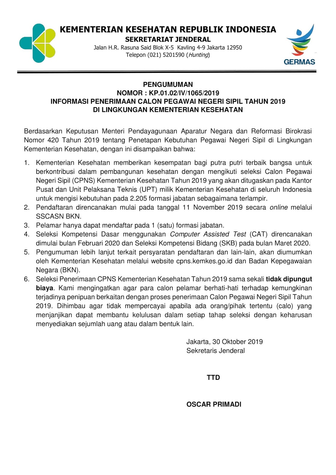 Kuota Formasi CPNS Tahun 2019 KEMENKES Lowongan Kerja Kalimantan Tengah
