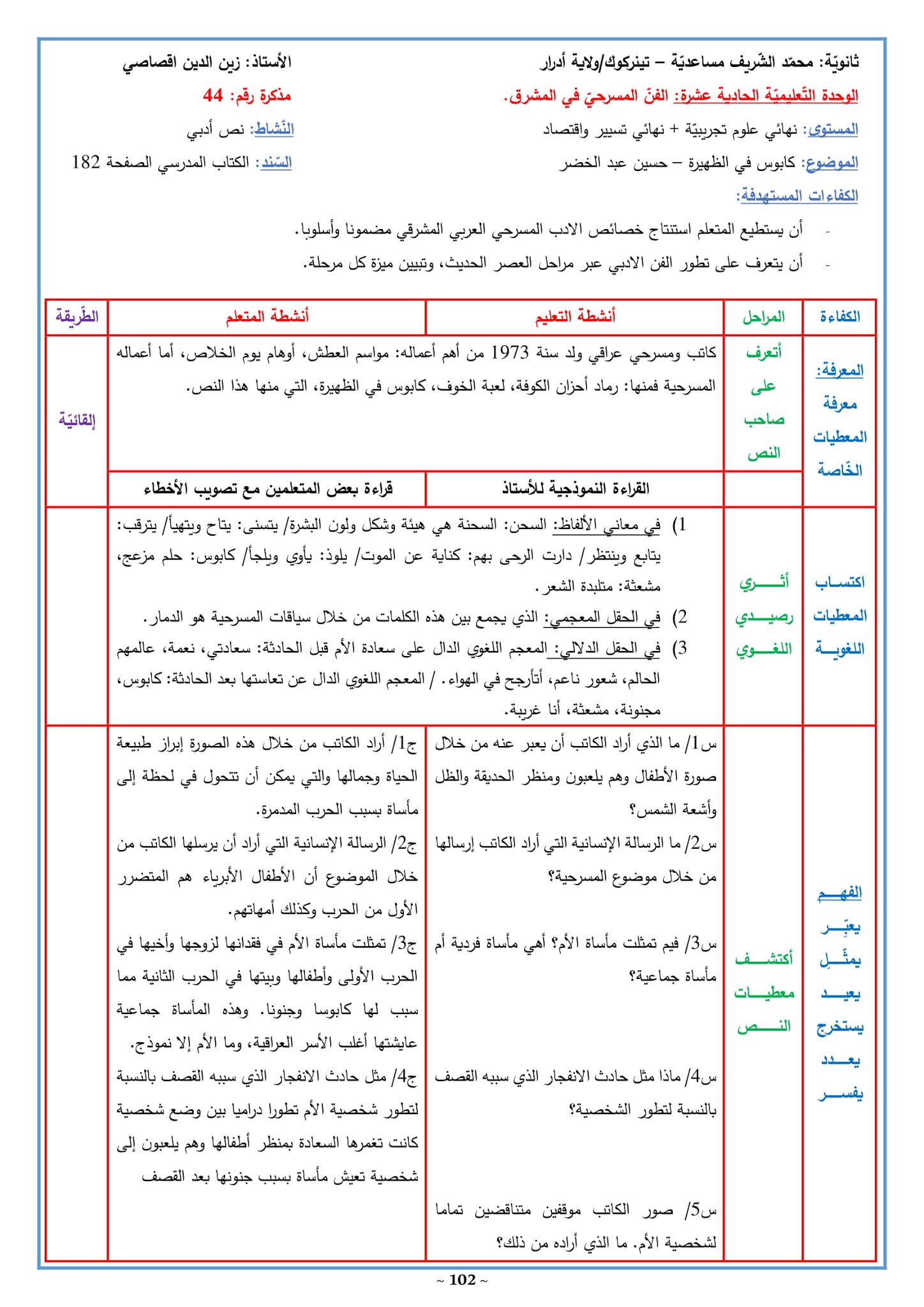 تحضير نص كابوس في الظهيرة 3 ثانوي علمي