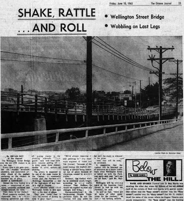 Newspaper clipping with large headline 'SHAKE, RATTLE ... AND ROLL' above a large image from the top of the City Centre building's loading ramp looking east along that ramp and the parallel ramp of the Wellington Street viaduct. A line of utility poles runs between the two ramps.