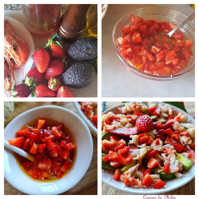 Ensalada de aguacate, fresones y langostinos