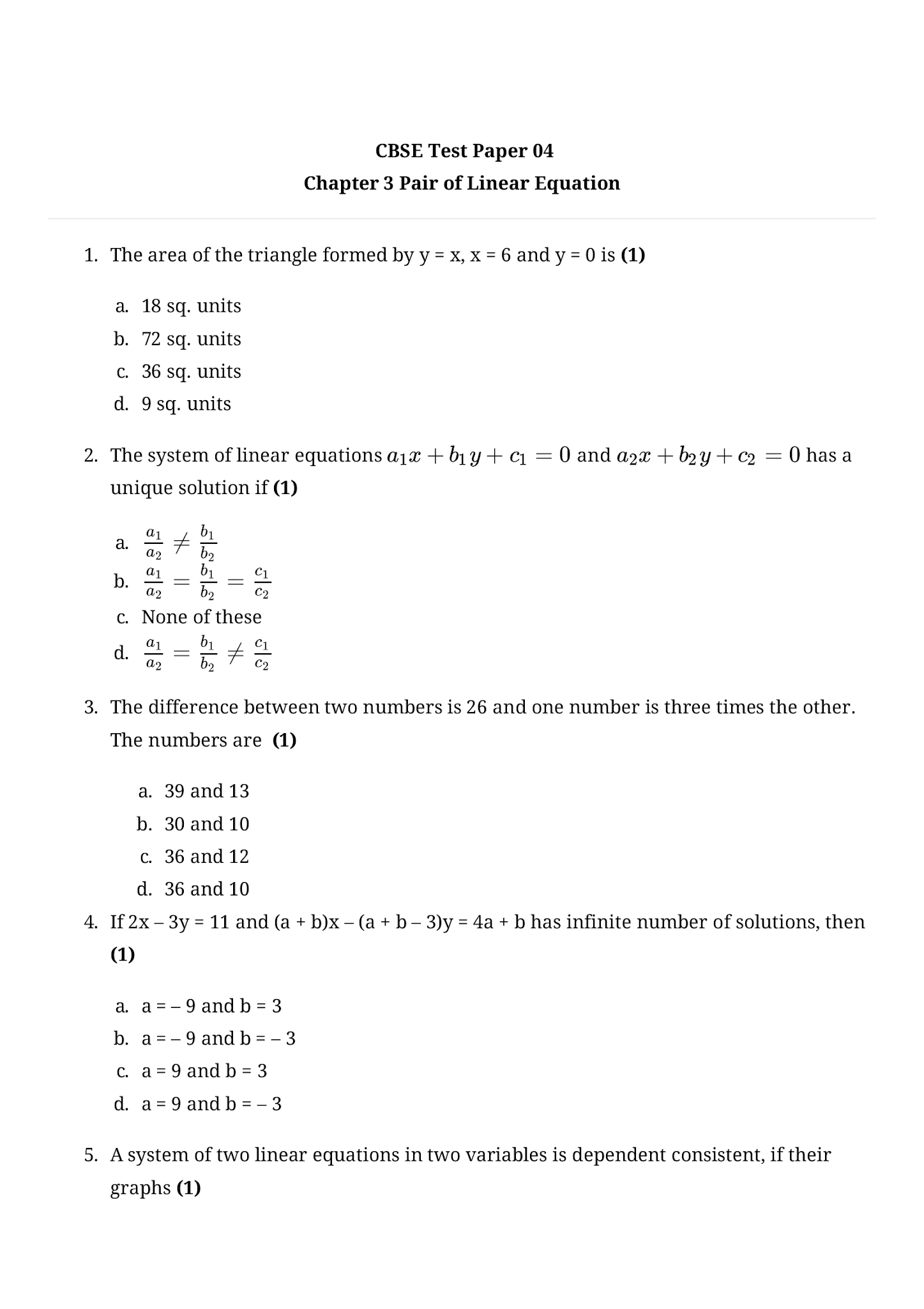 Pair of Linear Equations Test Paper 4 with Solutions