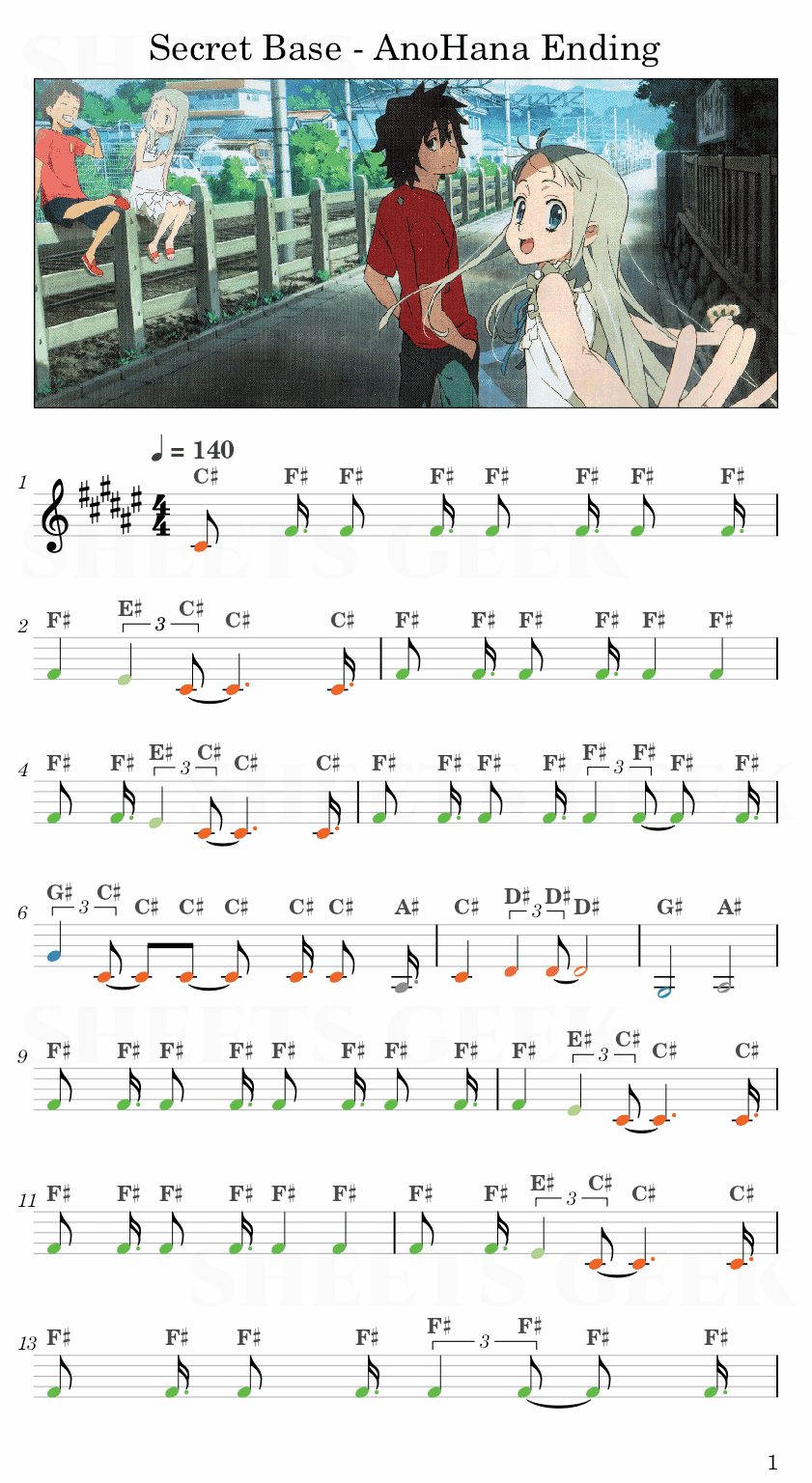 Secret Base / Kimi ga Kureta Mono - AnoHana Ending Easy Sheet Music Free for piano, keyboard, flute, violin, sax, cello page 1