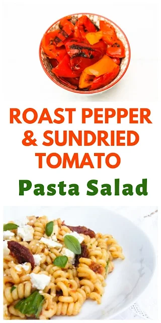 Roast Pepper & Sundried Tomato Pasta Salad. An easy copycat M&S recipe where you quickly blend a sauce. A real family favourite & great for lunchboxes. #pastasalad #pastasauce #sundriedtomatoes #M&Srecipe #copycatpasta #pasta #roastpeppers