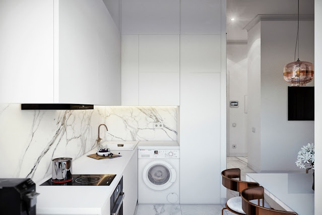 L shaped kitchen with washing machine