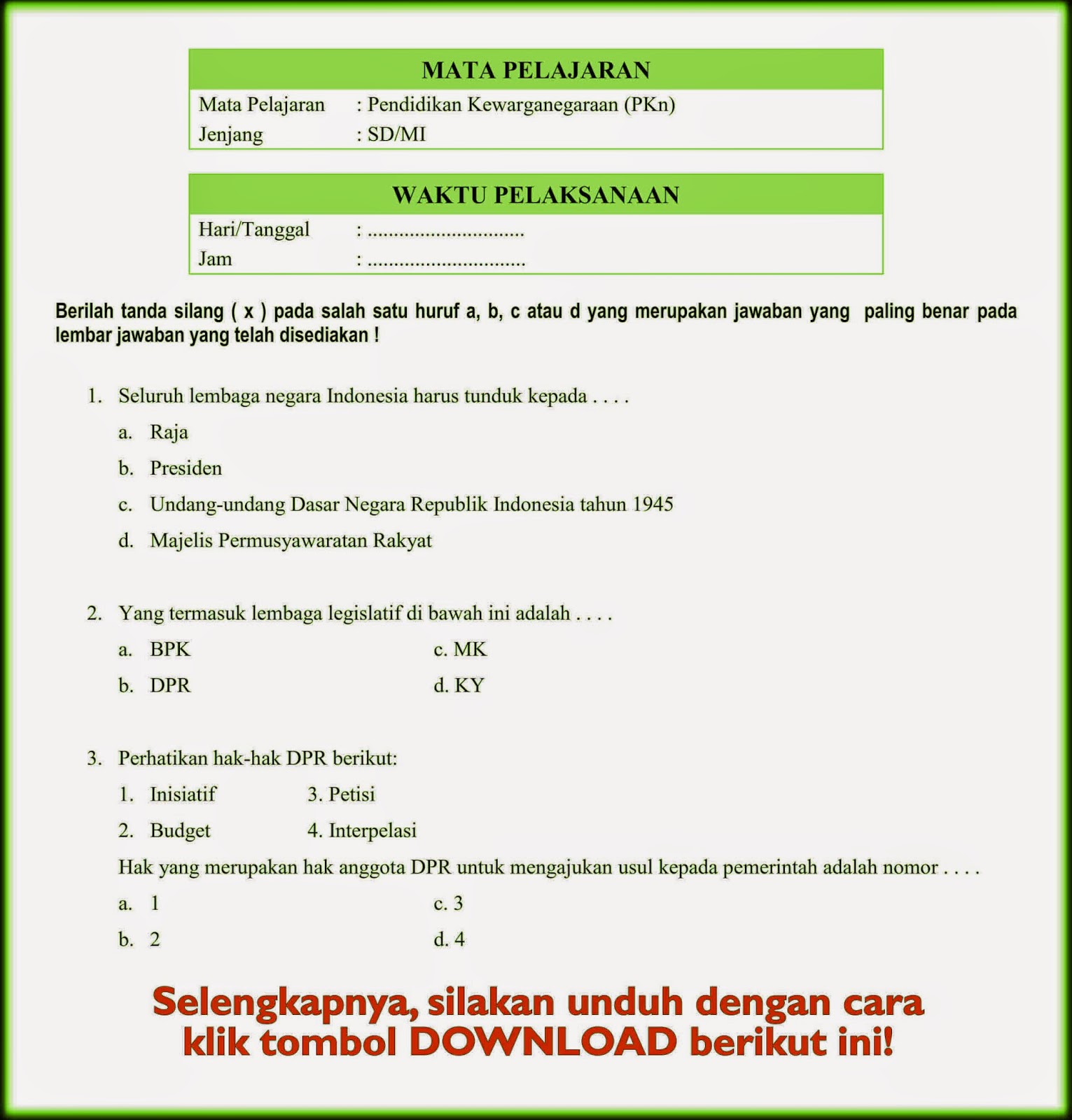 Download Soal  Ujian  Sekolah  US SD  PKN 2021 Rief Awa Blog