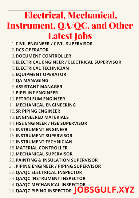 Electrical, Mechanical, Instrument, QA/QC, and Other Latest Jobs