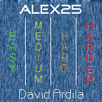 Striped background in blue with four vertical words with different colors each word that say Easy, Medium, Hard, Harder