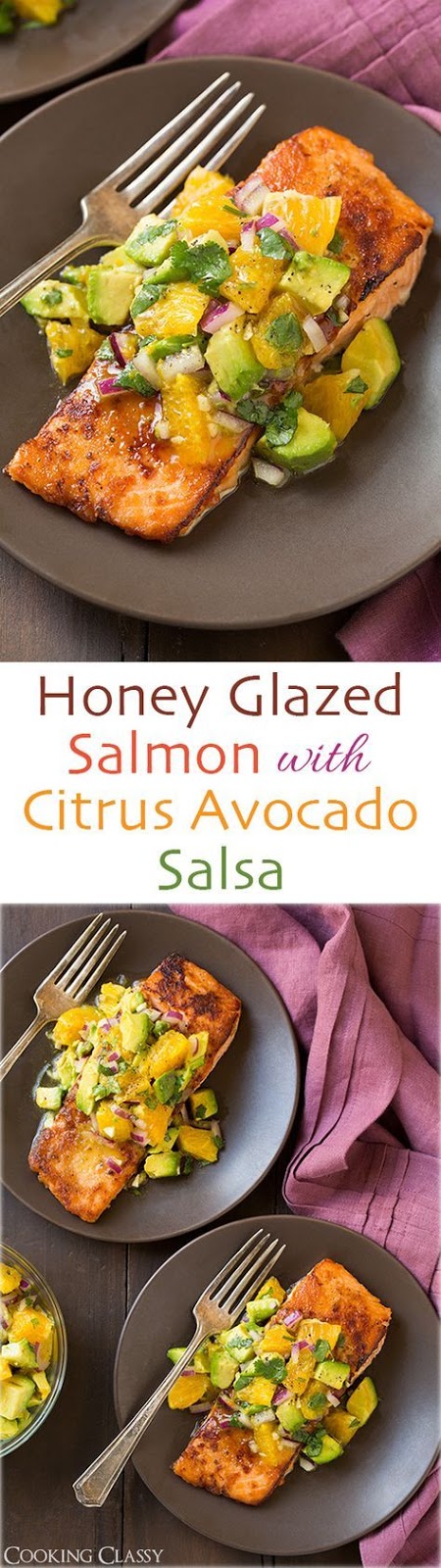 Honey Glazed Salmon with Citrus Avocado Salsa - this pan seared salmon is amazing! It can also be made without the orange and just up the avocados to two. Honey Glazed Salmon with Citrus Avocado Salsa - this pan seared salmon is amazing! It can also be made without the orange and just up the avocados to two.