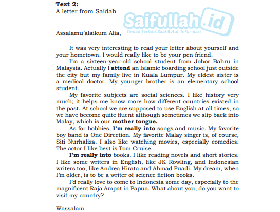 Terjemahan Text 2 A Letter From Saidah Untuk Alia Bahasa Inggris Kelas 10 Saifullah Id