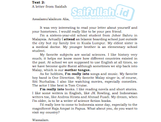 Terjemahan Text 2: A letter from Saidah untuk Alia Bahasa Inggris Kelas 10