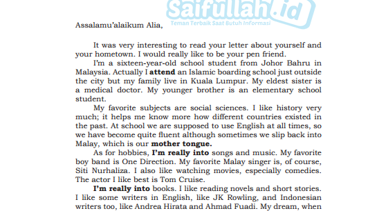Terjemahan Text 2: A letter from Saidah untuk Alia Bahasa Inggris Kelas 10