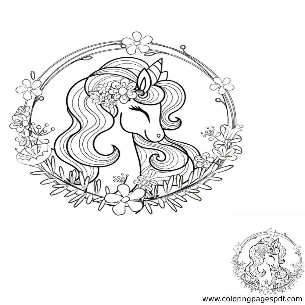 Coloring Page Of A Happy Beautiful Unicorn With Flowers