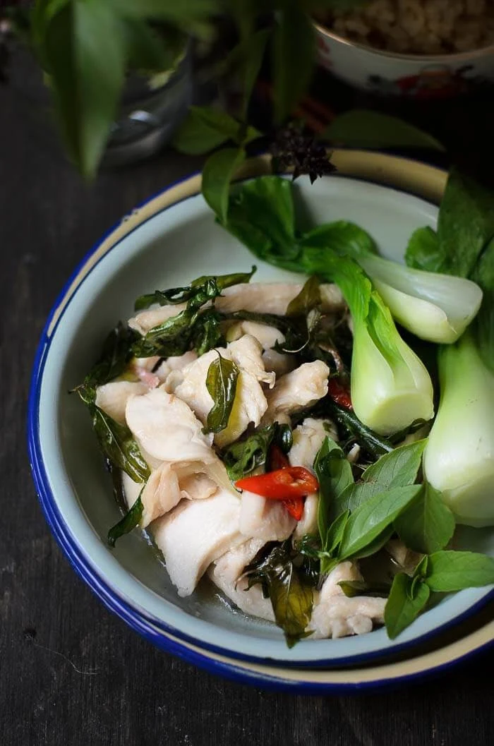 Chicken Thai Basil Stir-fry with crispy deep fried Thai basil leaves.