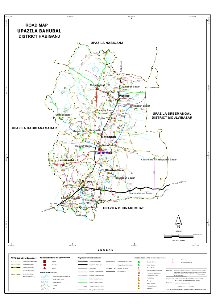 Bahubal Upazila Road Map Habiganj District Bangladesh