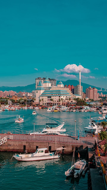 City, port, boats, sea, buildings, mountains