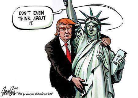 Donald Trump attempting to grope the Statue of Liberty as she says, 