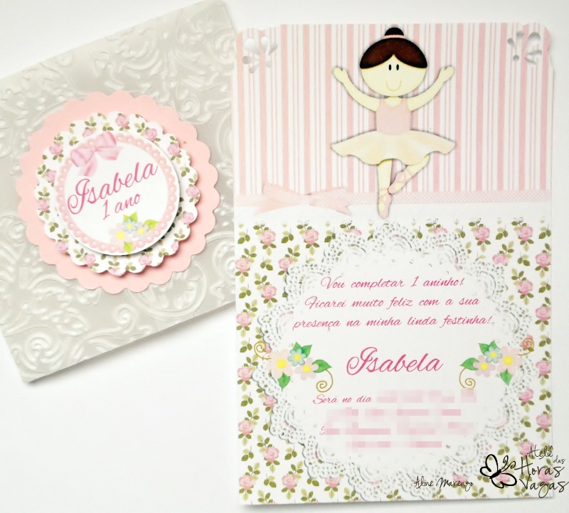 convite artesanal aniversário infantil envelope vegetal texturizado bailarina floral jardim provençal rosa menina 1 aninho delicado