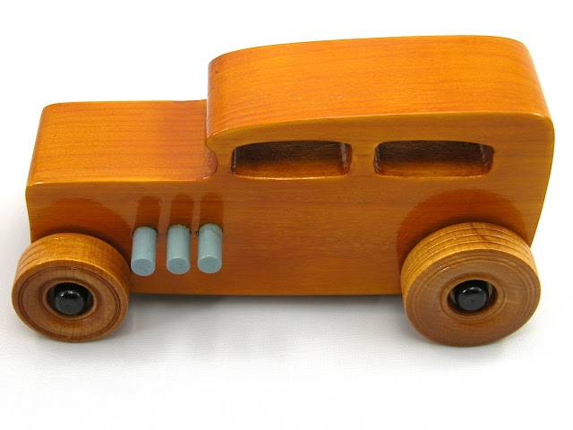 Handmade Wooden Toy Car, Hot Rod Classic 1932 Sedan, Finished Non-Toxic Amber Shellac With Grey And Black Acrylic Paint Trim