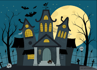 full moon, haunted house, witch, bats, cats, trees, skulls, cross