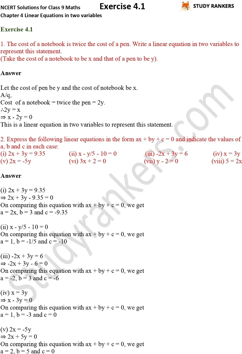 NCERT Solutions for Class 9 Maths Chapter 4 Linear Equations in Two Variables Exercise 4.1 Part 1