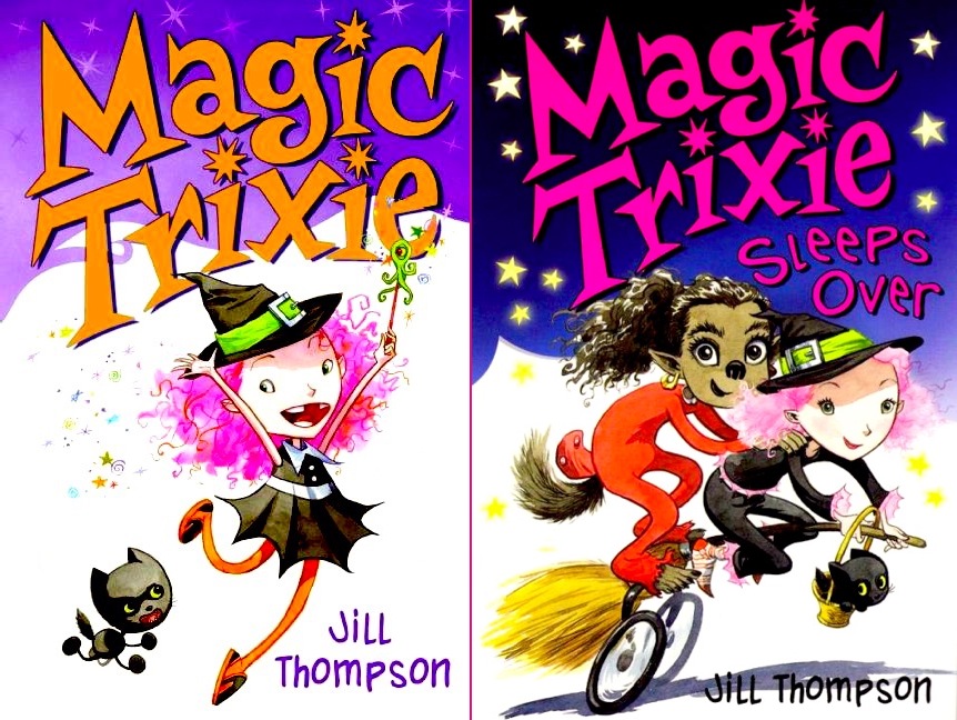 BRRROOOOOOOOOOOMMM! covers to 'Magic Trixie' showing Trixie frolicking, holding a wand, followed by her small black cat, and 'Magic Trixie Sleeps Over', showing Trixie riding her magic-broom bicycle, Stitches the cat in a handbasket, with Loupie Garou the werewolf girl holding on behind her