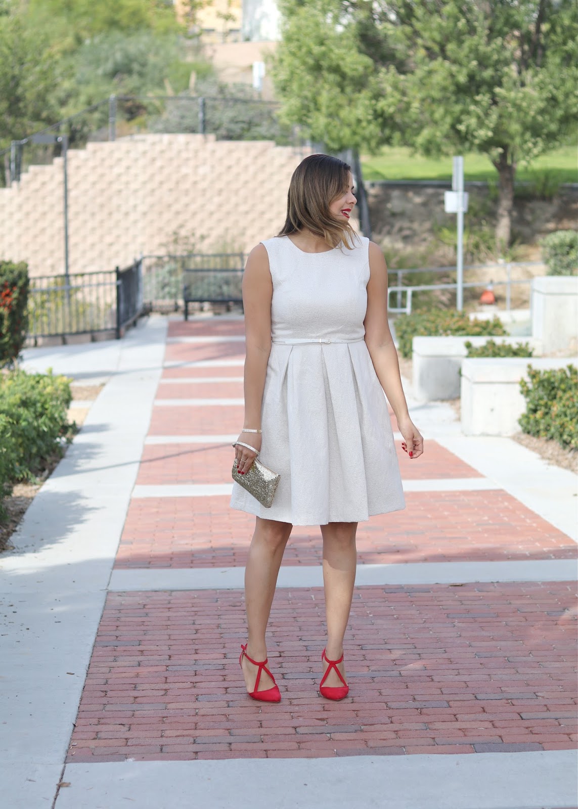 Red Shoes outfit, JCPenney Liz Claiborne Dress, fit and flare metallic dress