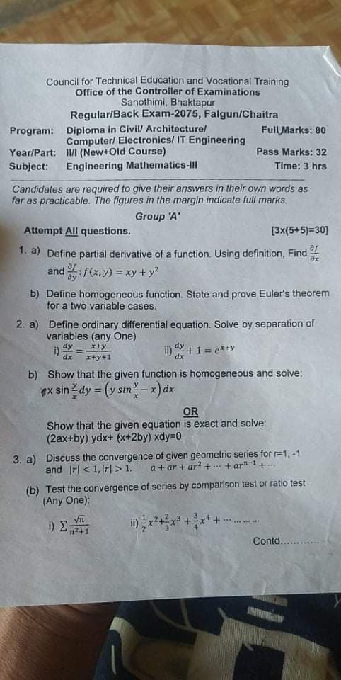Engineering Mathematics III - 3rd Semester Questions Papers CTEVT ...