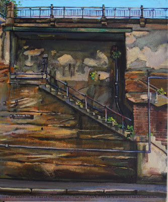 Plein air oil painting of 'Tomason' bricked up stairway in cliff Hickson Road, Millers Point painted by Jane Bennett