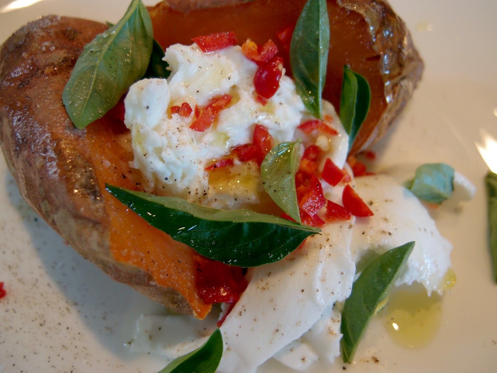 Milk and Honey Baked Sweet Potato with Chilli, Mozzarella and Basil