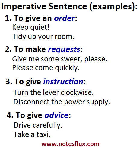 Imperative sentence examples for order, request, instruction and advice