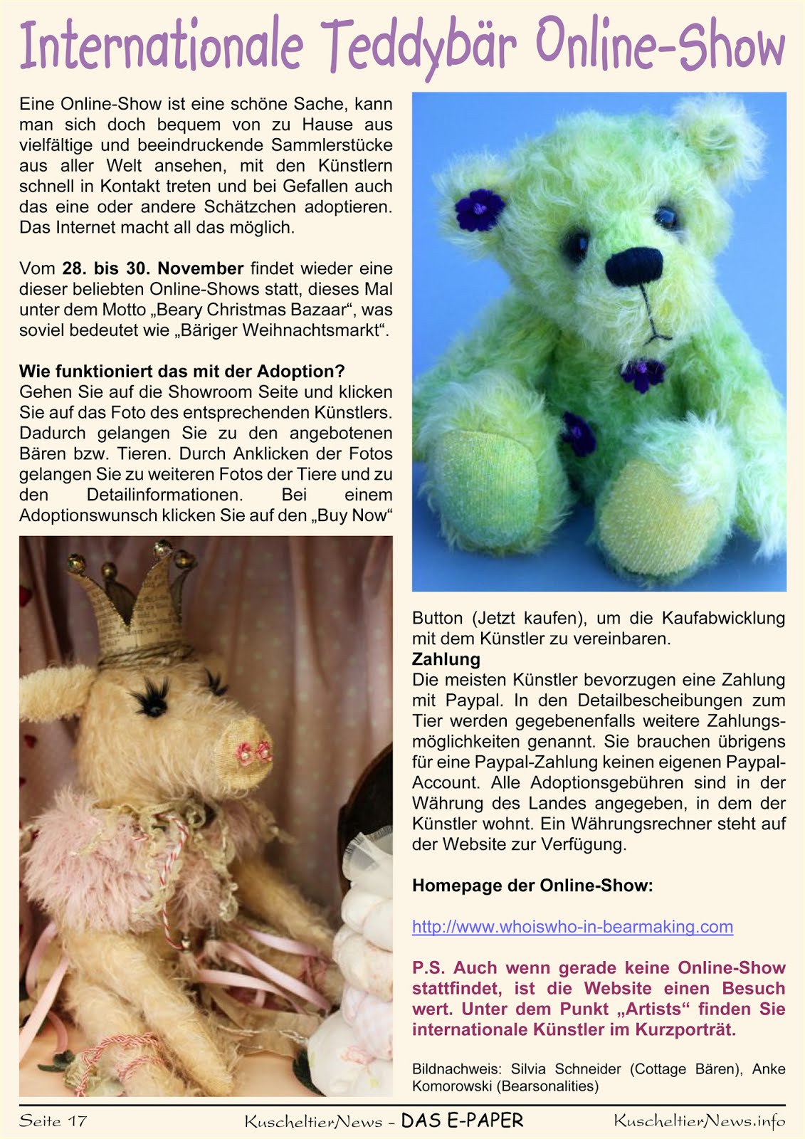 Auszug aus dem Kuscheltiermagazin