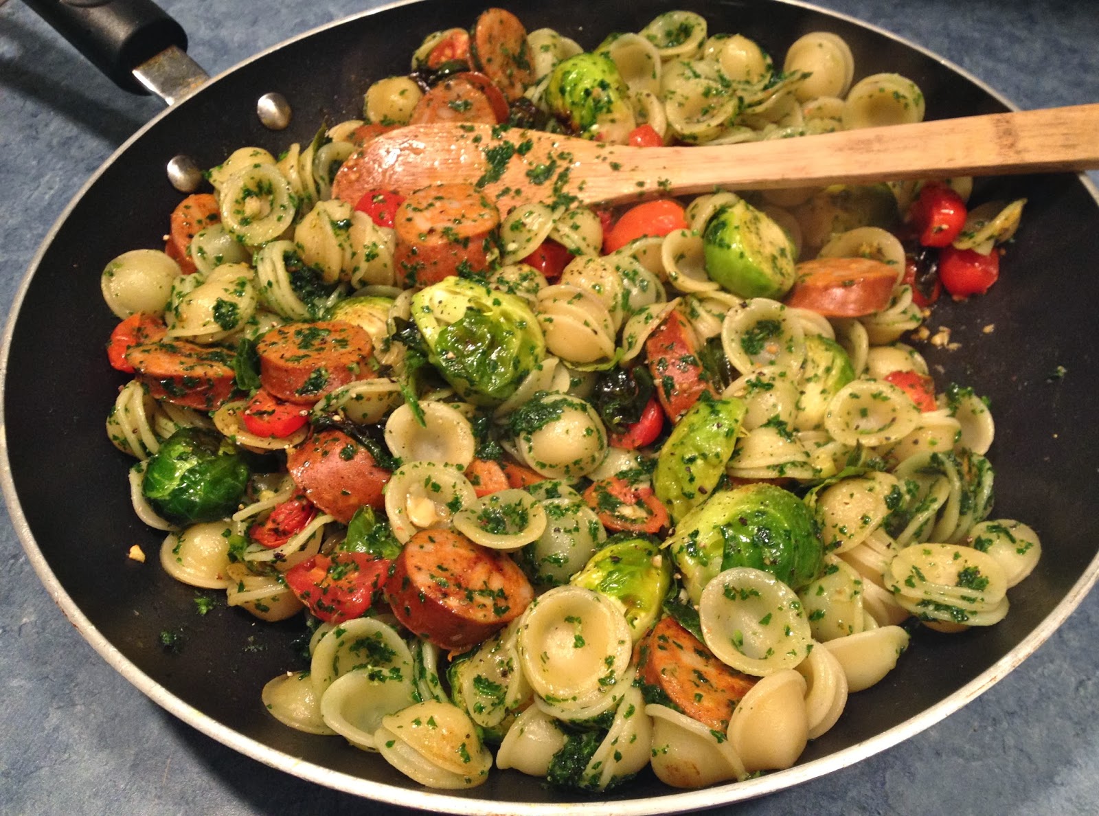 Pesto Orecchiette with Roasted Brussel Sprouts and Chicken Sausage