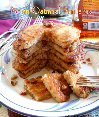Pecan Oatmeal Pancakes, a favorite breakfast made with the addition of oatmeal in the batter, and crunchy pecans. | recipe developed by www.BakingInATornado.com | #recipe #breakfast
