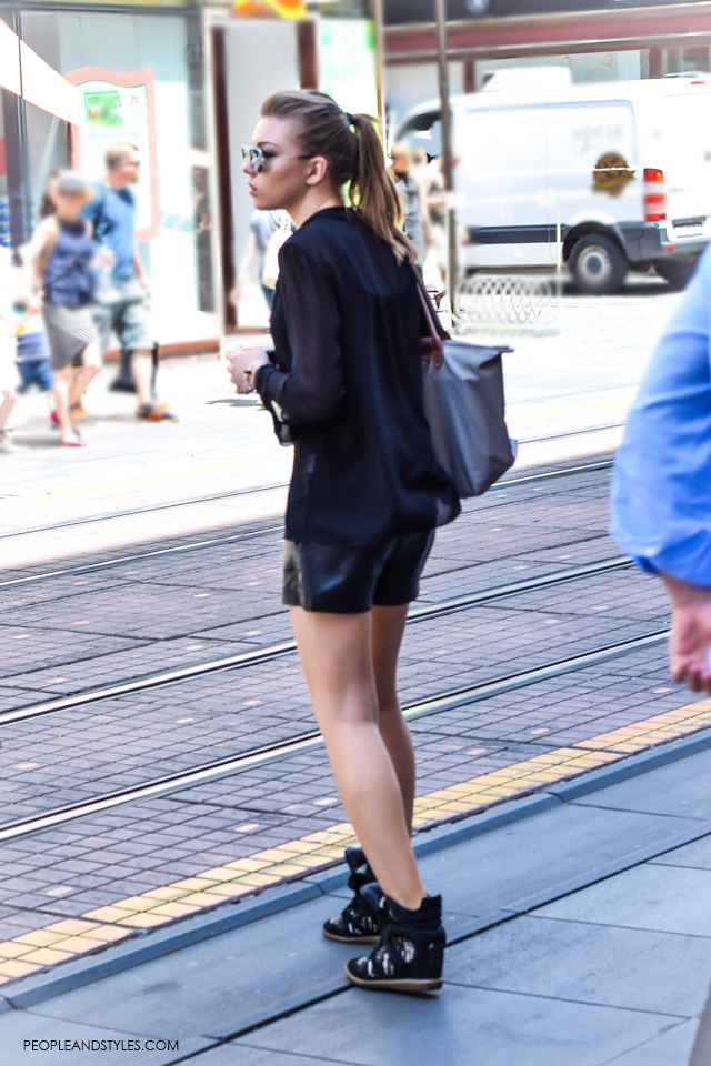 Black shorts, shirt and wedge sneakers street style in Zagreb, summer fashion, June 2015. What to wear to work in summer