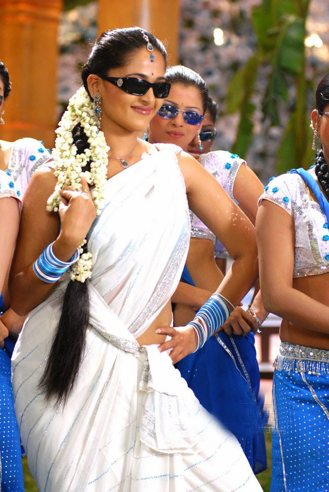 Tollywood Actress Anushka Shetty Hip Navel Show Stills In White Saree