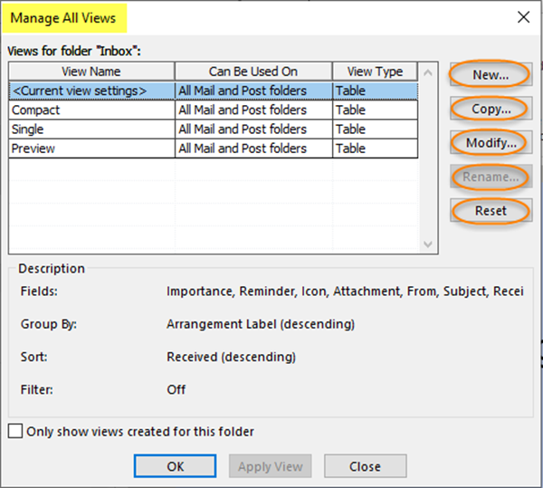 Изменение представлений Outlook и управление ими