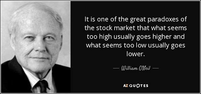 William O'Neil trading quote: "What seems too high usually goes higher" William O'Neil trading quote stocks stock market paradox