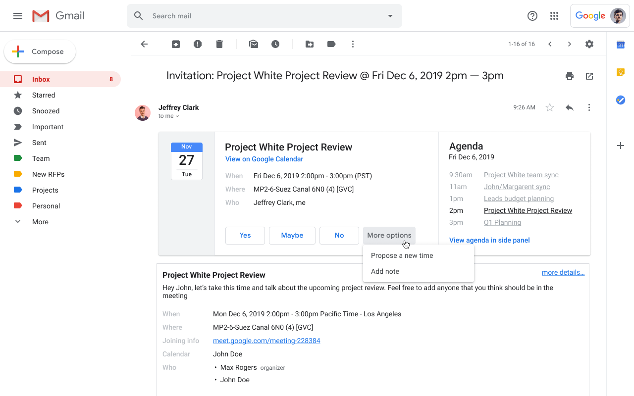 GMail Calendar Invite More Menu