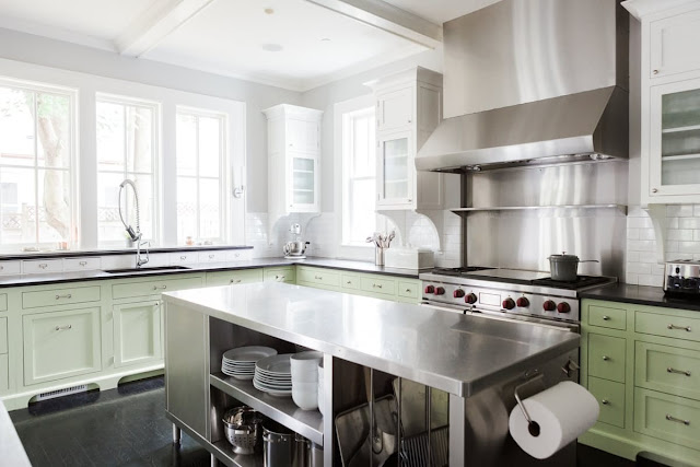 Modern farmhouse kitchen with stainless island on Hello Lovely Studio