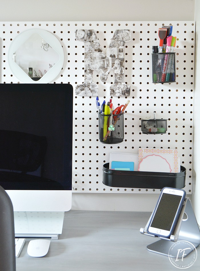 Small Home Office WallToWall Shelves and Pegboard Organization