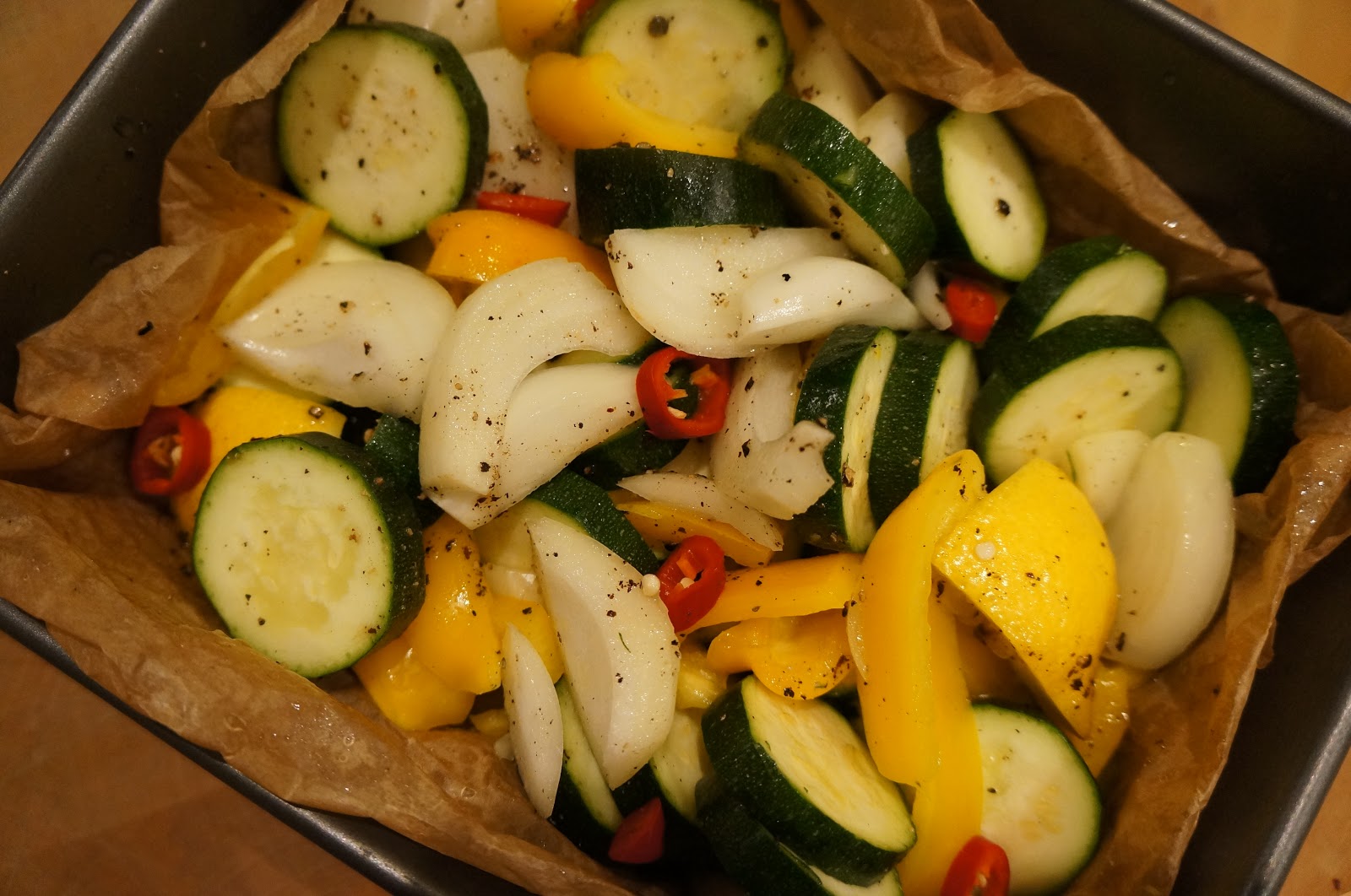 dinner from scratch Lemon chicken with roast courgettes and peppers