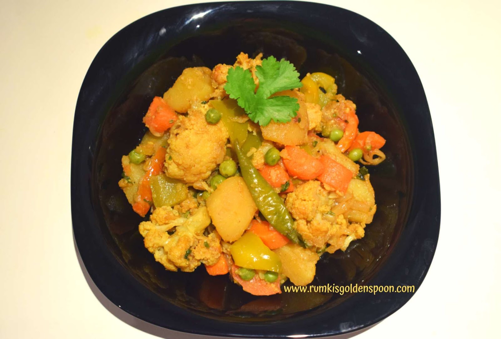 Indian Recipe, Vegetarian, Vegan, Home Style Spicy Mixed Vegetable (Dry Curry), Sookhi Sabji, Rumki's Golden Spoon