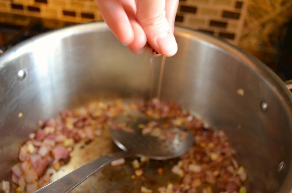 A pinch of Red Pepper Flakes being sprinkled into caramelized onions in soup pot.