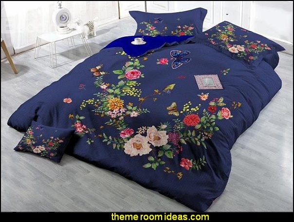 Butterfly and Flower Print Satin Drill 4-Piece Duvet Cover Sets floral bedding - flowers pillows - floral duvet covers - Floral Bedding Sets - flower theme bedding - Floral Print Bedding Butterfly and Flower Print Satin Drill 4-Piece Duvet Cover Sets
