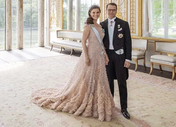 Crown Princess Victoria wore a new tulle ball dress by HM and the Baden Fringe tiara and diamond Epaulette earrings. Roger Vivier