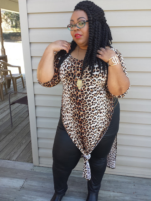 Plus size leopard-print maxi tee with faux leather leggings and black booties