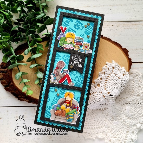 A Slimline Card for Book Lovers by Amanda Wilcox | Sips & Stories Stamp Set, Slimline Die Sets and Mugs Stencil by Newton's Nook Designs #newtonsnook #handmade